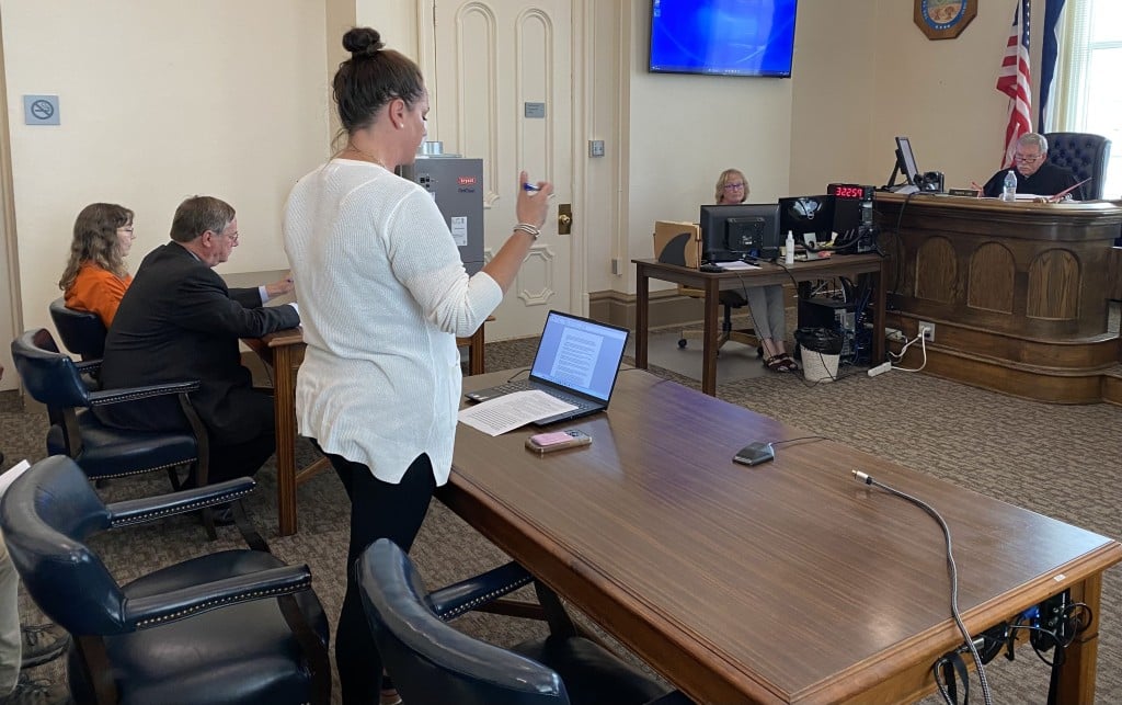 Athens County Assistant Prosecutor Meg Saunders presents to visiting judge Daniel Hogan, while Jodi Rickard sits with her attorney, K. Robert Toy. Photo by Dani Kington.